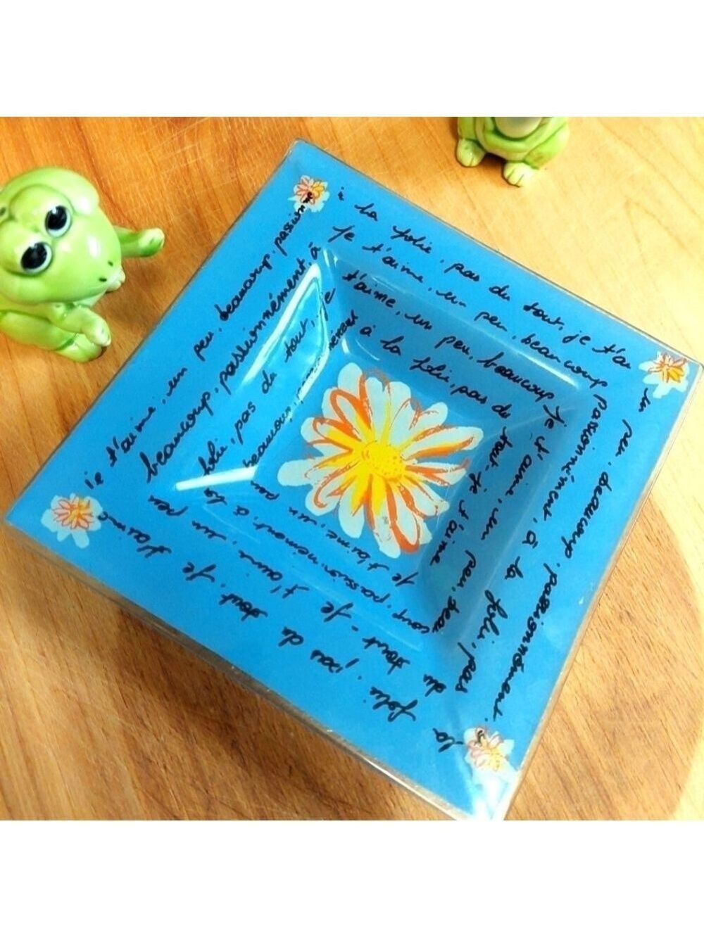 Vintage* Glass Trinket Dish with French Saying & Flower